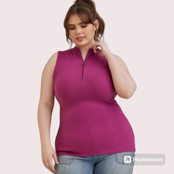 6X 30W Torrid Purple Foxy Mock Neck Zip Up Tank Stretch Knit Plussize Cotton - Picture 1 of 6